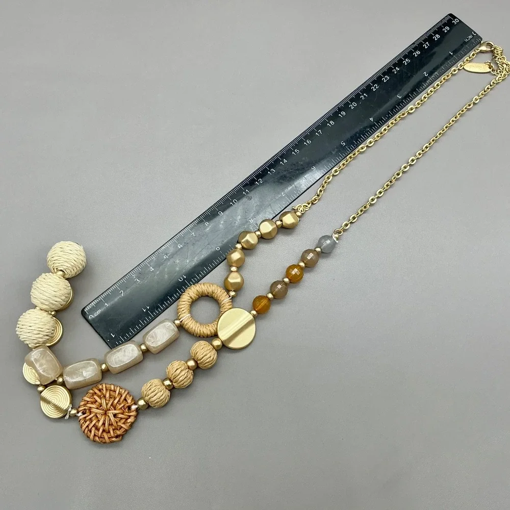 Plunder Necklace Women Gold Tone Mixed Bead Raffia Woven Boho Long Adjustable